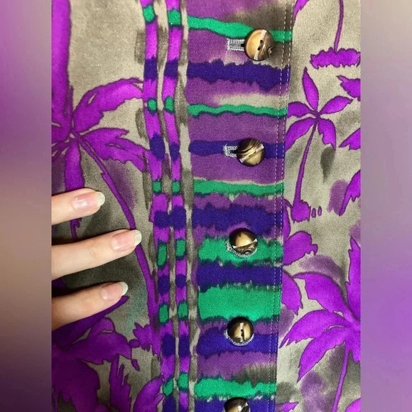 Vintage Dana Buchman Silk Tropical Print Long Sleeve Shirt Size 6 Purple - Picture 5 of 8